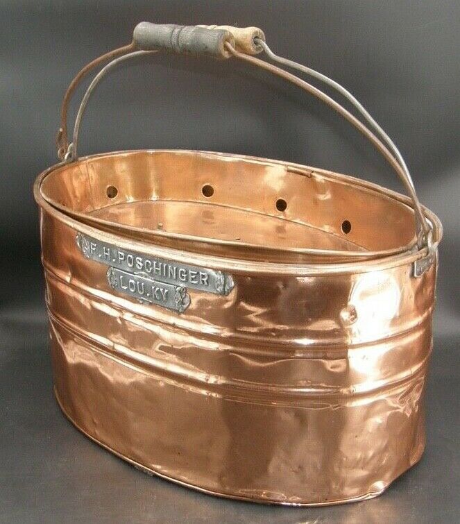 0172:: 1900 Fishing, Bait, Minnow Bucket, signed F.H. Poschinger Lou. KY,  large 18L with an aerator - Mark C. Grove