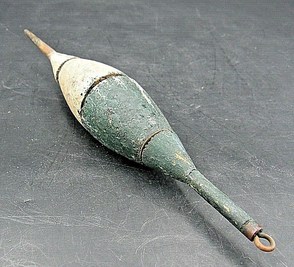 =SOLD= 0170:: 1900 Fishing, Bobber, Float, wooden painted green white: 8¼H
