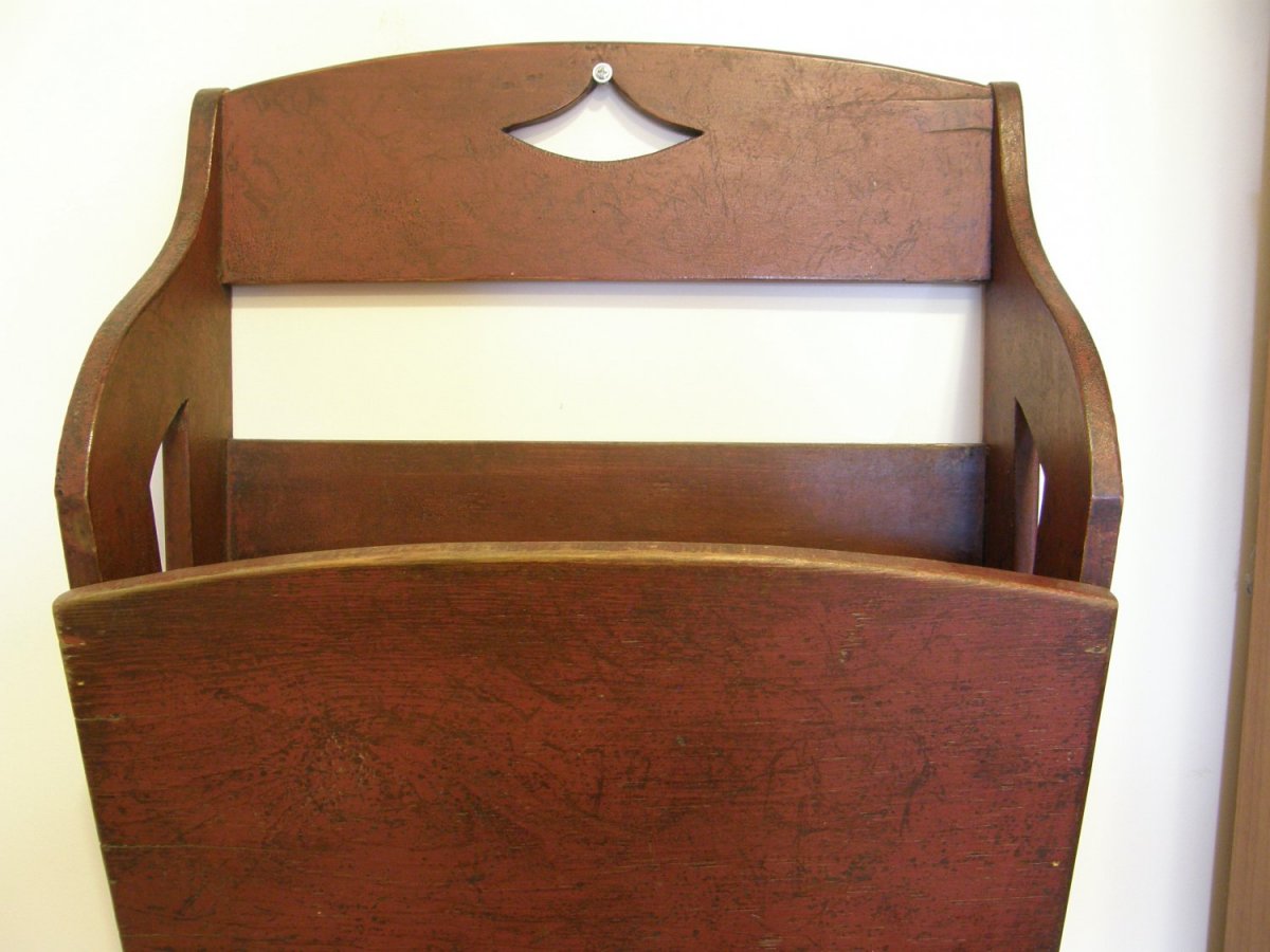 =SOLD= 0390:: 1860s Wall Box, poplar wood milk-painted brick red, two pockets: 29½”H - Image 2