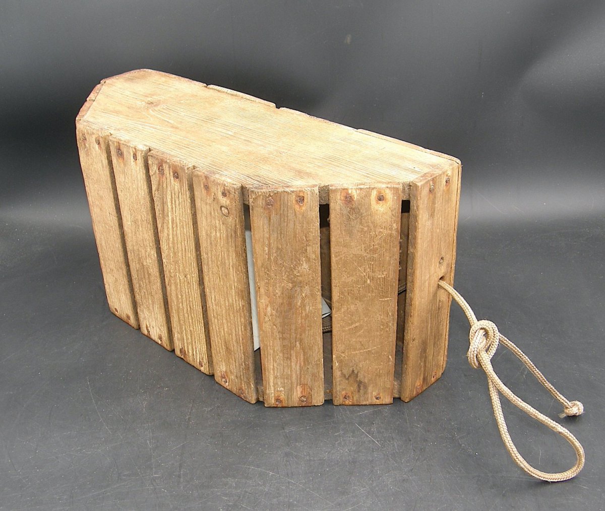 =SOLD= 0055:: 1950s Fishing, Bait Box Minnow Bucket, homemade wood slats:  Dimensions: 6”H 12”L 4¼”D