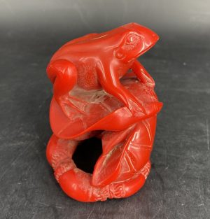 0598:: Qing Dynasty (1644-1911) style, Shoushan Stone, Post-1940, Frog on lilly pad, dimensions: 3¾”L.