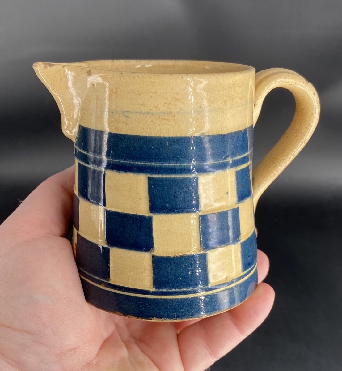 0607:: 1918-1940s Czechoslovakia, BIG checkerware creamer, navy blue, canted form: 4"H