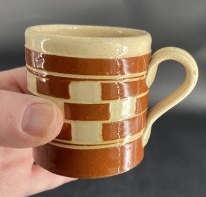 0608:: 1910s Bohemia, checkerware espresso mug, light brown, cylindrical form: 2⅝”H