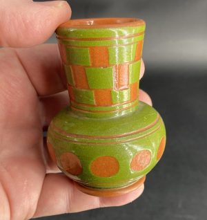 0629:: 1910s Bohemia, checkerware bud vase, apple green redware, bulbous form: 3¼”H