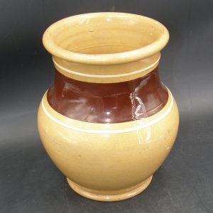 0450:: 1900 Yellowware Vase, broad mocha band flanked by white pinstripes: 7½”H
