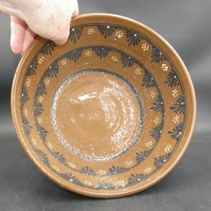 0455:: 1900s Redware Pottery Bowl, hand-decorated blue and white swag and dots: 10¼”