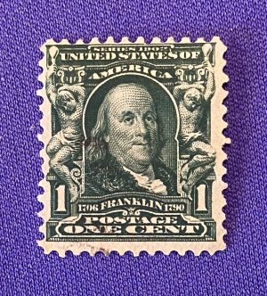 1139:: Stamps, U.S., 1c, 1902, Benjamin Franklin, bluish-green, uncirculated #300