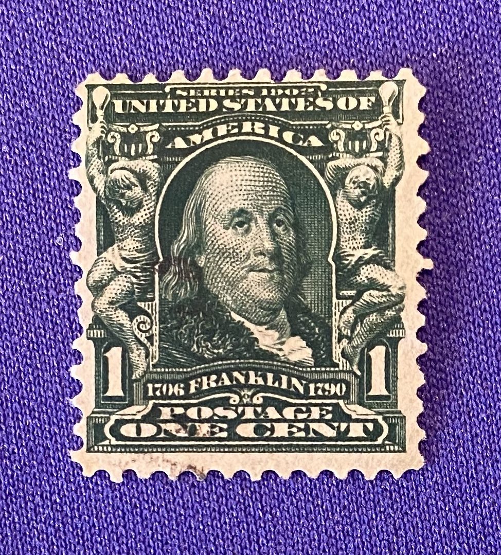 1139:: Stamps, U.S., 1c, 1902, Benjamin Franklin, bluish-green, uncirculated #300