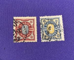 1023:: 2 Stamps, 1897, Sweden, numerals 2 red, blue 4
