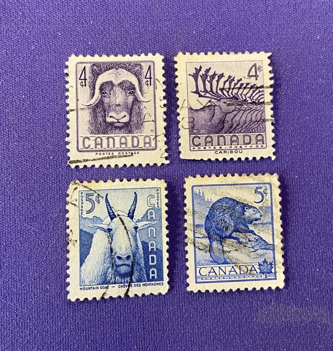 1104:: 4 Animal Stamps, 1954, Canada: Beaver, Musk Ox, Caribou, Mountain  Goat