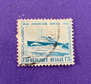 1128:: Stamp, 1946, Belgium, light blue 35, commemorative: The 100th anniversary of the Oostende-Dover ferry