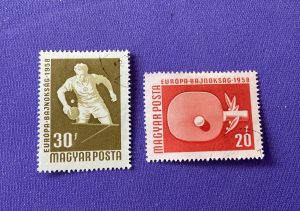 1148:: 2 Stamps, 1958, PING-PONG, Table Tennis, Hungary, red 20, olive 30