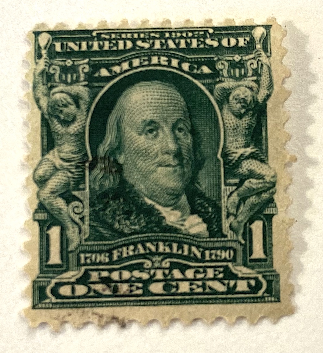 1139:: Stamps, U.S., 1c, 1902, Benjamin Franklin, bluish-green, uncirculated #300 - Image 3