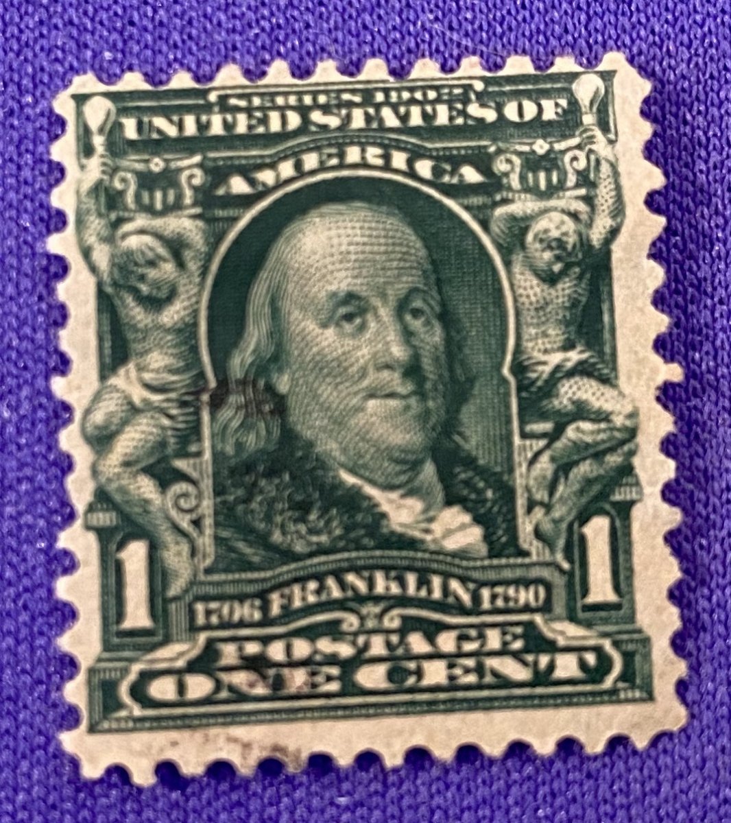 1139:: Stamps, U.S., 1c, 1902, Benjamin Franklin, bluish-green, uncirculated #300 - Image 4