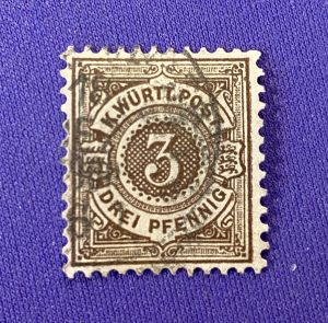 1210:: Stamps, 1890, 3 Pfennig brown, Wurttemberg, Old German States, cancelled Sc#60