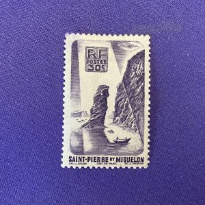 1364:: Stamps, St. Pierre et Miquelon, 1947, bluish-violet 30c, rocky cliff landscape with canoe, uncirculated.