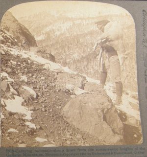 2107:: Stereoviews: 1906 Hunting in the Upper Gallatin Montana: Dall Sheep.  Standard size, curved, verso blank, sepia. Underwood U-8149.