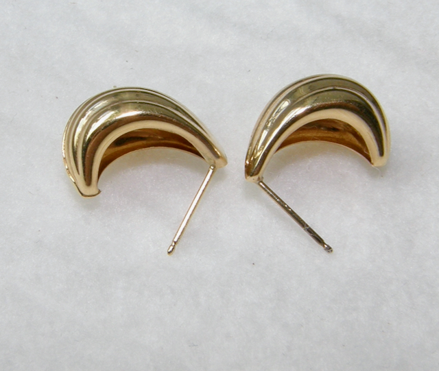 2841:: Pair 14k Gold Dangle Earrings, channel form with open back, shank stud. Marked: JCM 14K