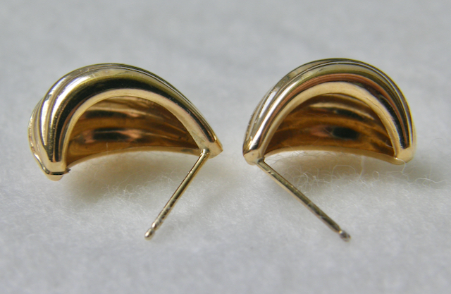 2841:: Pair 14k Gold Dangle Earrings, channel form with open back, shank  stud. Marked: JCM 14K