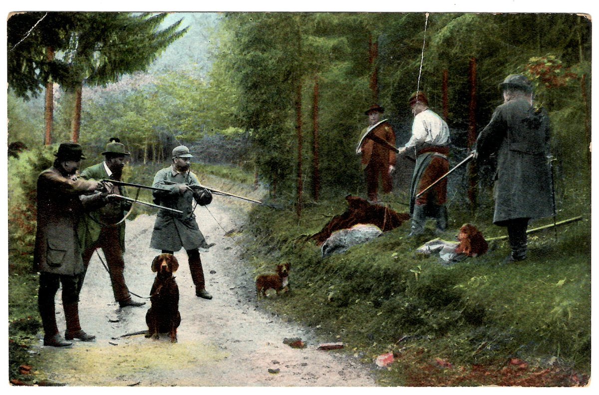 3079:: Color Postcard Staged Hunting Scene with Dachshunds. Men Digging out Badgers or Brown Hares in Germany. Th.E.L. Series Number 978.