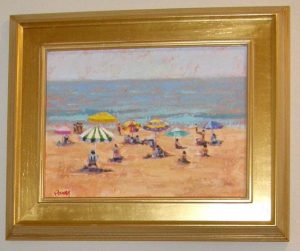 3134::  Oil painting, signed Rooney and dated 2007, impressionistic, depicts figures at the beach, under a clear sky, housed in a molded giltwood frame.