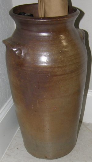 3164:: Stoneware butter churn ca.1875, ovoid with ear bilateral handles: 18”H