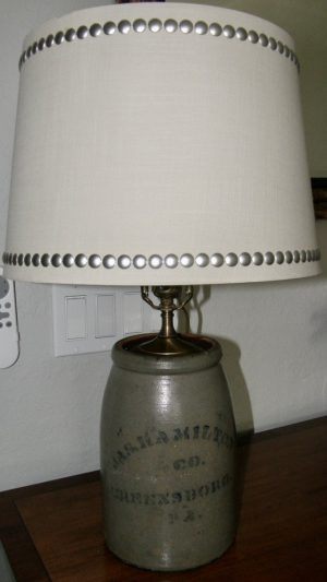 3169:: Antique American stoneware jar ca.1880s, made into table lamp and cylindrical white parchment shade: 23½”H