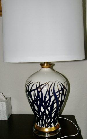 3173:: PAIR contemporary ovoid porcelain table lamps & cylindrical white silk shades: 28”H
